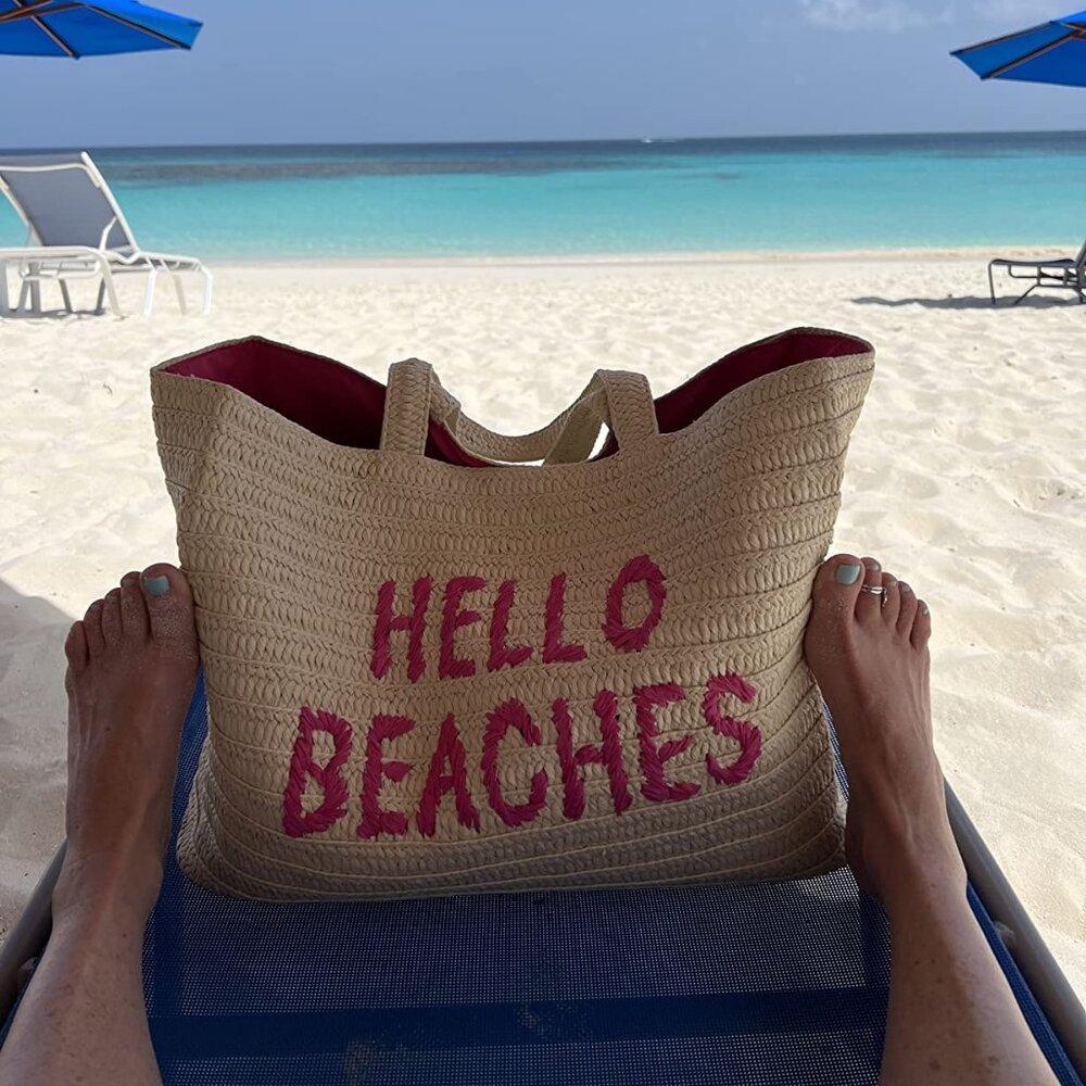 NEIMAN MARCUS HELLO BEACHES Embroidered Straw Beach Tote